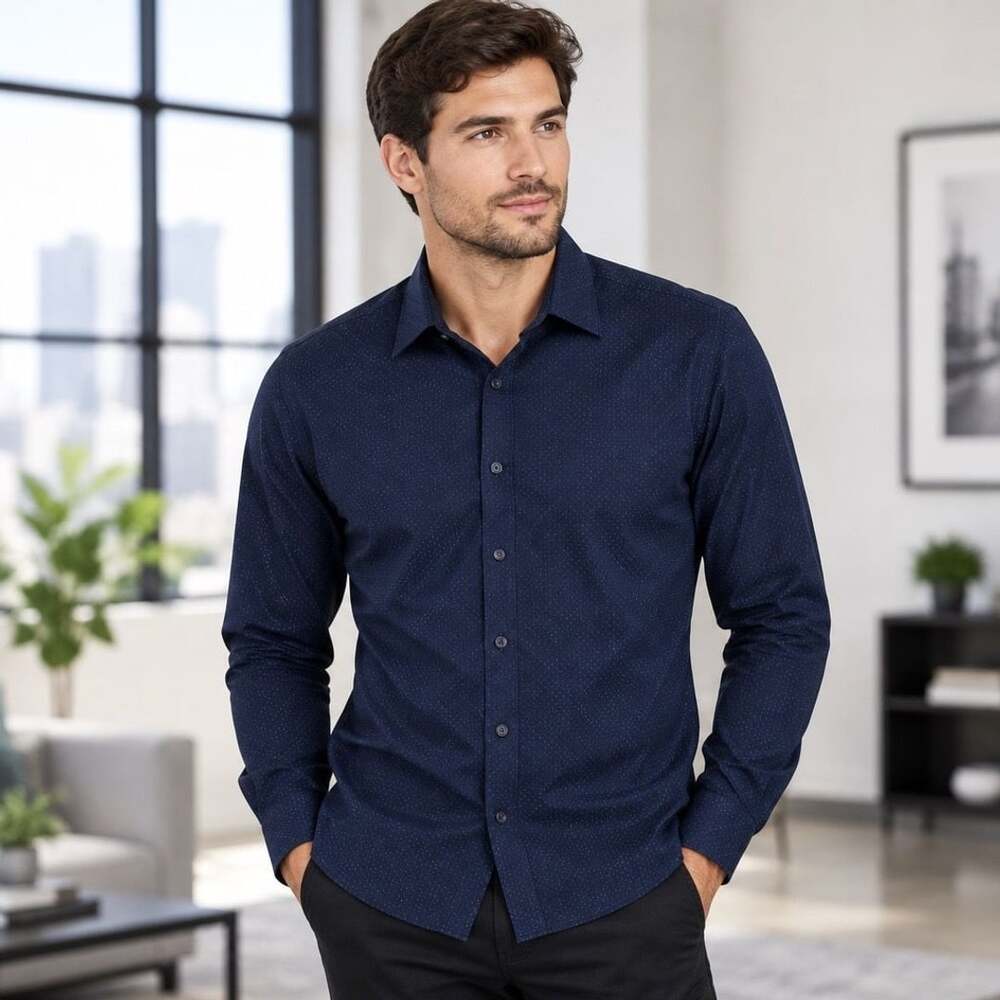 Claiborne Stretch Button-Down Shirt Size XXL Navy Blue Geometric Dot